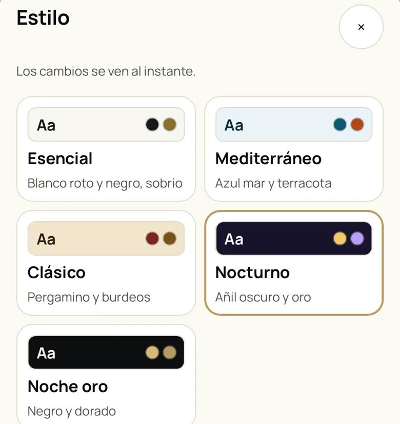 Panel de FAENA con los estilos de carta: Esencial, Mediterráneo, Clásico, Nocturno y Noche oro