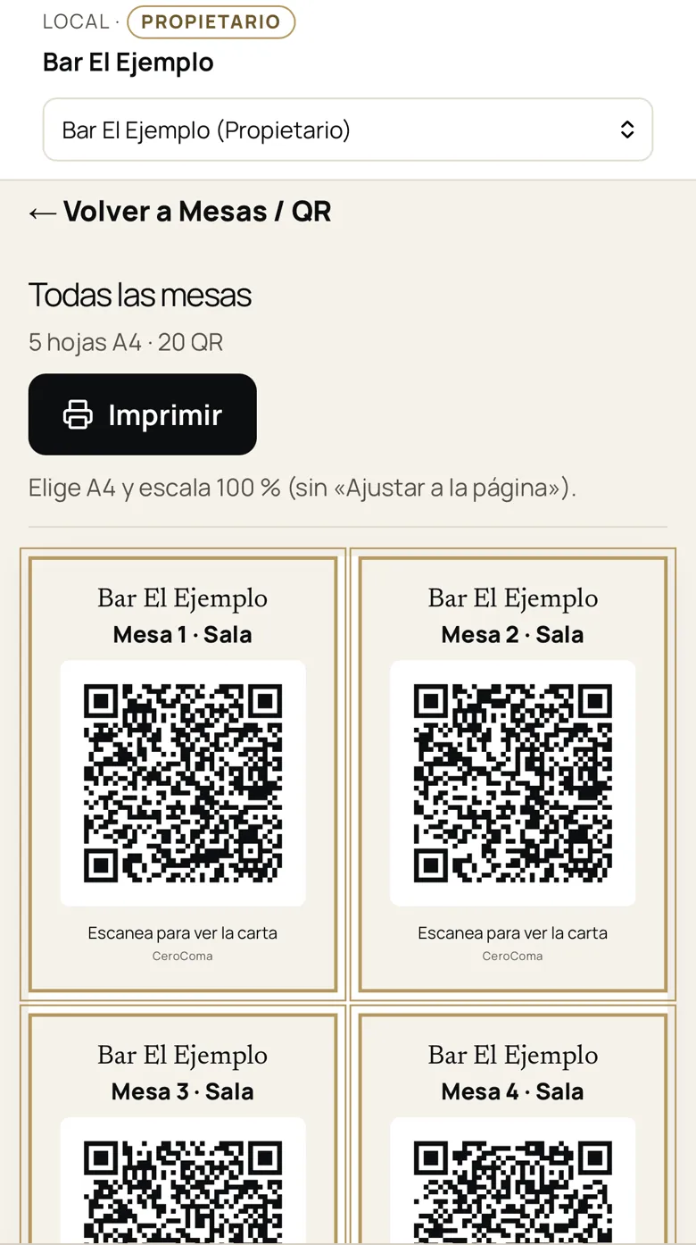 Hoja de impresión de FAENA con tarjetas QR de «Bar El Ejemplo» para las mesas 1 a 4 de sala